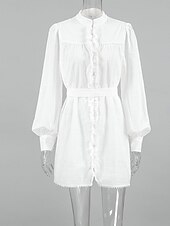 abordables robes imprimées en coton et lin-Femmes Mini Robe Robes inspirées du lin Robe en coton et lin Robe trapèze Élégant Basique Occasionnel Vacances Soirée Travail Coupe régulière Uni manche longue Col haut Blanche Été Printemps Automne