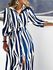 ieftine Rochii tip cămașă-Pentru femei Rochie Maxi Rochii Tip Cămașă Rochie casual Rochie A line Stilat Casual Vacanță Zilnic Fit regulat Dunga Manșon Lung Guler Cămașă Bleumarin Albastru piscină Vară