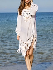 preiswerte Strandkleider-Damen Badeanzug Zudecken Schwimm-Kleid Bademode Fransensaum Ausgeschnitten Urlaub Strandbekleidung Glatt Langarm Badeanzüge