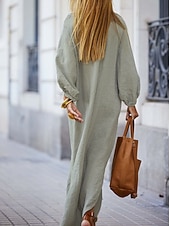 abordables Vestidos-Mujer Vestido maxi Vestidos con tacto de lino Lino de algodón sintético Vestido de cambio Vestido de Camisa Elegante Básico Casual Manga de la linterna Diario Hogar Trabajo Holgado Plano Manga Larga