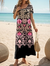 preiswerte Boho Kleider-Damen Maxi Kleid Freizeitkleid Sommerkleid Shift Kleid Lässige Tägliche Lässige Passform Floral Kurzarm Rundhalsausschnitt Schwarz Sommer