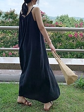 cheap Dresses-Women&#039;s Long Dress Maxi Dress Linen-Inspired Dresses Casual Dress Cotton Linen Dress Slip Dress Stylish Casual Vacation Daily Date Regular Fit Plain Sleeveless Crew Neck Black Navy Blue Gray Summer