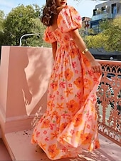 olcso Elegáns virágos ruhák-Női Maxiruha hétköznapi ruha Elegáns aranyos stílus Stílusos Flounce Sleeve Vakáció Parti Napi Normál Grafika Rövid ujjú Szögletes Narancssárga Nyár Tavasz