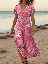 cheap Floral Dress-Women&#039;s Maxi Dress Casual Dress Sundress Shift Dress Stylish Casual Drop Shoulder Vacation Daily Regular Fit Floral Short Sleeve V Neck Pink Spring Fall