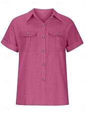 billige Skjorter-Dame Skjorte Skjorter i bomullslin Knapp opp Bluse Helfarge Stilfull Fritid Kortermet Skjortekrage Vanlige topper Daglig Knapper Lomme Sølv Vin Militærgrønn Rose Rosa Sommer