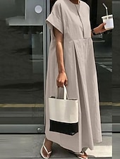 cheap Print Cotton &amp; Linen Dresses-Women&#039;s Maxi Dress Cotton Linen Dresses Casual Dress Cotton Maxi Dress Basic Casual Vacation Daily Loose Fit Plain Short Sleeve Crew Neck Khaki Army Green Dark Blue Gray Summer Spring Fall