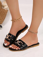 cheap Women&#039;s Sandals-Women&#039;s White Slide Sandals with Heart-Shaped Metal Buckle – Casual Summer Footwear for Beach, Vacation and Everyday Style