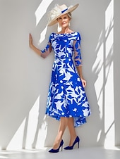 billiga Golvlängd-A-linjeformad klänning Brudens mor Klänning Elegant Enkel Båt hals snitt Tea-längd Satin 3/4-lång ärm med blommigt tryck Plisseringar Derbyklänning Raceday Klänning Bröllopsgästklänning 2025