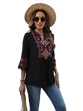 billige Boho topper-Dame Boho skjorte Elegant Bohem Daglig Helfarge Blomstret Vanlige topper 3/4 ermer 3/4-ermer V-hals Broderi Løstsittende Arbeid Daglig Ut på byen Svart Grønn Sommer