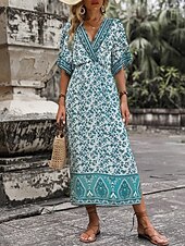 olcso Alkalmi virágos ruhák-Női Midi ruha hétköznapi ruha A vonalú ruha nyári ruha Boho ruha Hawaii Stílusos Vakáció Napi Randi Normál Virágos Rövid ujjú V-alakú Sötétzöld Nyár