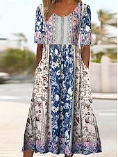 abordables Robes Bohémiennes-Femme Robe Maxi Robe casual Robe Évasée Robe Trapèze robe boheme Décontractées du quotidien Standard Floral Manche Courte Col V Noir Rouge bleu marine Bleu Roi Eté Printemps Automne