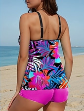 cheap Tankinis-Women&#039;s Swimsuits Tankini 2 Piece Boy Leg Swimsuit Backless Vacation Beach Wear Floral Leaves U Neck Sleeveless Bathing Suits