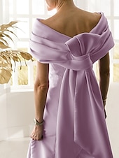 billige LILLA-A-Linje Kveldsdrakt Elegant Kjole Formell Gulvlengde Uten Ermer Off Shoulder Sateng med Sløyfe(r) Folder