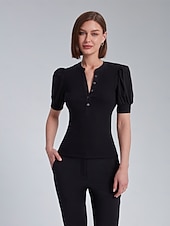 economico Bluse e camicie-Per donna Tinta unica Formale All&#039;aperto Ufficio Manica a Palloncino Nero Rosa Manica a sbuffo Manette Bottoni Davanti Manica Corta Elegante Moda Casual Quotidiano Dentellato Estate Primavera
