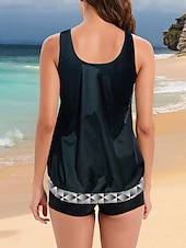 billiga Tankinis-Dam Badkläder Tankini 2 st Pojkeben Baddräkt Öppen rygg Hög midja Semester Standkläder Geometrisk U-hals Ärmlös Baddräkter