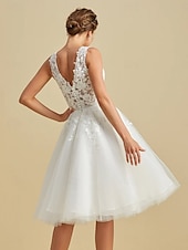 cheap Little White Dresses-Engagement Little Graduation White Dresses Wedding Dresses A-Line V Neck Sleeveless Knee Length Satin Bridal Gowns With Appliques 2025