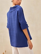 preiswerte Hemden-Damen Hemd Bluse Baumwoll-Leinen-Hemden Einfarbig Basic Lässig Dreiviertelarm Mit Kapuze Normale Oberteile Täglich Knöpfe Weiß Blau Sommer