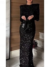 preiswerte SCHWARZ-Sheath  Column Abendkleid Partykleid Abendparty Party-Bekleidung Bodenlang Langarm Rundhalsausschnitt Spandex Rückenfrei mit Glitzer Paillettenstickerei