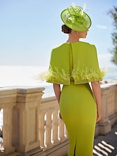 abordables Robes de cocktail-Robe cocktail fourreau  colonne robe élégante invitée de mariage formelle longueur cheville manches courtes cou bijou avec poche crêpe extensible avec cristaux de plumes