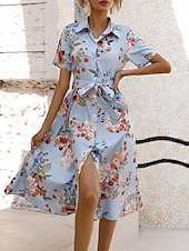 voordelige Casual bloemenjurken-Dames Halflange jurk Casual jurk Elegant Stijlvol Casual Vakantie Dagelijks Normale pasvorm Bloemig Korte mouw Overhemdkraag Abrikoos Licht Blauw Zomer Lente