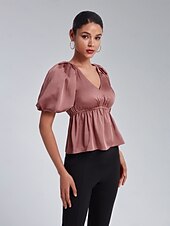 cheap Blouses &amp; Shirts-V-Neck Puff Sleeve Peplum Top