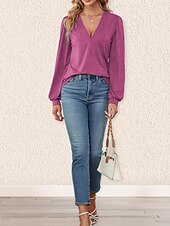 abordables Hauts Unis pour Femmes-Femme Chemise Chemisier Couleur unie mode Décontractées manche longue Col V Hauts réguliers du quotidien Fuchsia Vert Eté Printemps
