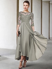 billiga Golvlängd-A-Linje Mor till Bruden Klänning Bröllopsgäst Elegant Plus Size Hög Låg Juvelhals Asymmetrisk Te-Längd Chiffong Spets Halvärmd med Rynkade Applikationer gratis skräddarsydd storlek