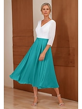 preiswerte Teelänge-Kleid für die Mutter der Braut, Strandhochzeit, A-Linien-Kleid mit Falten, elegant, schlicht, V-Ausschnitt, wadenlang, Chiffon, 3/4-Ärmel, mit Spitze, einfarbig, 2025