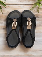 cheap Vacation Sandals-Women&#039;s Denim T-Strap Sandals with Beaded and Embellished Details, Lightweight Sole, and Boho Style for Beachwear and Summer Casual Outfits