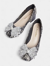 cheap Mother of Bride/Groom-Mother of the Bride Block Heel Dress Pumps, Rhinestone Bow Pearl Accent Wedding Guest Heels for Ceremony &amp; Reception, Black