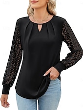 economico Top in Pizzo-Per donna maglietta Liscio Di tendenza Moderno Informale Manica lunga Girocollo Top regolari Giornaliero Fine settimana Pizzo Collage Nero Beige Estate Primavera