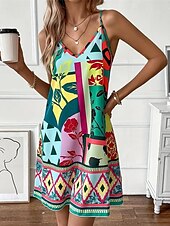 ieftine Tipăriți rochii florale-Pentru femei Rochie Mini Rochie de vară Rochie Boho Rochie cami Stilat Boho Vacanță Zilnic Dată Fit regulat Geometric Bloc Culoare Fără manșon În V Mov Portocaliu Trifoi Vară