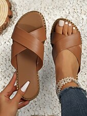 olcso Női szandálok-fekete keresztpántos lapos csúszó szandál nőknek - lezser nyári slip-on kényelmes talppal