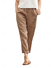 economico Pantaloni in lino e cotone semplici-Per donna Pantaloni in cotone e lino Chinos Moda Streetwear Lunghezza intera Vita Alta Semplice Tasca Fascia Elastica Comodo Morbido Confortevole Micro-elastico All&#039;aperto Streetwear Bianco Rosso