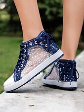 economico Sneakers da donna-sneakers alte in tela con lacci blu da donna con pannelli in rete ricamati, design a pois per abbigliamento casual e outdoor