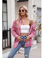 cheap Women&#039;s Graphic Tops-Women&#039;s Shirt Boho Shirt Dressy Tops Plaid Casual Boho Long Sleeve Bishop Sleeve V Neck Long Tops Work Daily Going out Pink Dusty Blue Purple Khaki Dark Gray Spring Fall