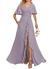 preiswerte Brautjungfernkleider-A-Linien Brautjungfernkleid V-Ausschnitt Kurzarm Elegant Bodenlänglich Chiffon mit Rüschen  Geteilter Front  Raffung