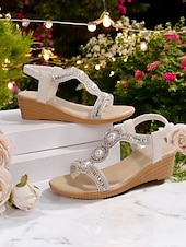 baratos Sandálias plataforma anabela-sandálias femininas de cunha com strass e pérolas falsas, com design de tira em T, sola confortável e estilo casual de verão para uso ao ar livre e em festas