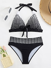 billige Bikinisett-Dame Badetøy Bikini 2 stk Frekk Badedrakt Åpen rygg Tynn Ferie Strand Klær Grafisk V-hals Ermeløs Badedrakter