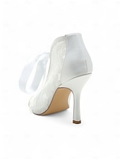 ieftine Casual-papuci de damă din dantelă albă cu vârf deschis la gleznă cu cravată panglică din satin – pantofi de mireasă eleganți cu toc înalt pentru mirese