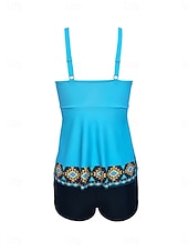 billiga Tankinis-Dam Badkläder Bikini 2 st Pojkeben Baddräkt Öppen rygg Hög midja Smal Semester Standkläder Grafisk U-hals Ärmlös Baddräkter