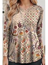 abordables T-shirt Boho-Femmes T-shirt Fleuri Géométrique Occasionnel manche longue Col ras du cou Hauts Réguliers Quotidien Imprimé Kaki Printemps Automne