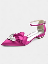 preiswerte Halbformell-weiße Satin-Pumps mit spitzer Spitze, Strass-Schleife und Fesselriemchen – perfekte Brautschuhe für Hochzeiten