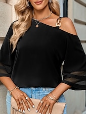 preiswerte Damen Einfache Oberteile-Damen Hemd Bluse Glatt Stilvoll Brautkleider schlicht 3/4 Ärmel kalte Schulter Normale Oberteile Täglich Patchwork Schwarz Blau Sommer Frühling