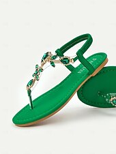 abordables Sandalias Planas-Sandalias con tira en T y adorno de diamantes de imitación verdes para mujer con correa elástica en el tobillo: calzado de verano elegante para playa, fiestas o ropa informal