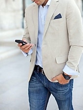 baratos Blazer de linho-Homens Blazer de linho Casaco esportivo Colar de entalhe Moda Casual Cor Sólida Bege Moderno Comum 1 Butão