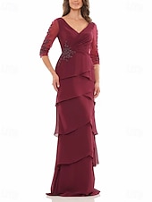 preiswerte Bodenlänge-A-Linie Kleid Brautmutterkleid Formell Elegant V Ausschnitt Bodenlang Chiffon Dreiviertelarm mit Stufen Kaskadierende Rüschen Einfarbig 2025