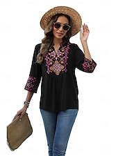 billige Boho topper-Dame Boho skjorte Elegant Bohem Daglig Helfarge Blomstret Vanlige topper 3/4 ermer 3/4-ermer V-hals Broderi Løstsittende Arbeid Daglig Ut på byen Svart Grønn Sommer