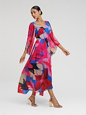 abordables Robes décontractées-Femmes Robe d&#039;invité de mariage Robe d&#039;Été Robe d&#039;été Robe Longue Maxi Robe Rose rouge manche longue Mode Fleurs Fleurs / Plantes Col en V Ourlet irrégulier Style Floral Printemps &amp; Été Col en V