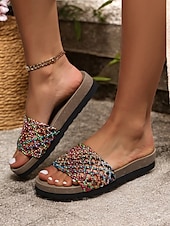 cheap Vacation Sandals-Women&#039;s Comfortable Slide Sandals with Woven Upper - Casual Summer Footwear for Beach, Vacation and Everyday Wear